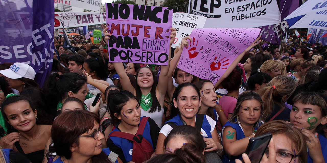Women take part in a strike to demand gender equality and other rights in front of the Argentine Congress in Buenos Aires on March 9, 2020. (Carol Smiljan/NurPhoto via Getty Images)