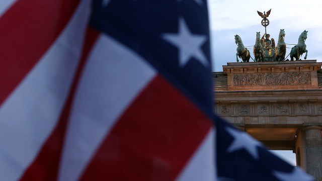 Brandenburg Gate in Berlin framed in the American flag. (Adam Berry/Getty Images)