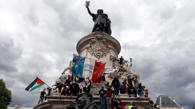 Protesters rally as part of a wave of worldwide protests against racism and police brutality on Place de la Republique in Paris in June 2020. (Mehdi Taamallah/NurPhoto via Getty Images)