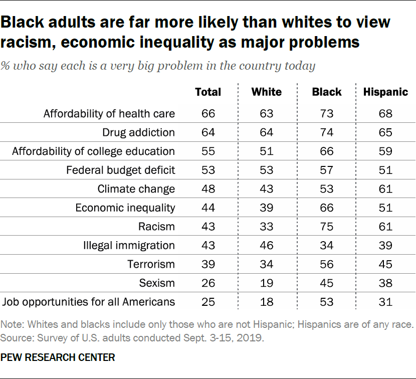 Les adultes noirs sont beaucoup plus susceptibles que les blancs de considérer le racisme, les inégalités économiques comme des problèmes majeurs