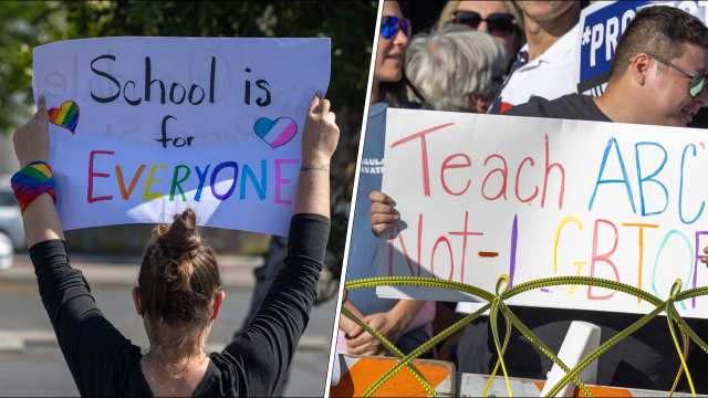 Demonstrators outside a school board meeting in Glendale, California, on June 20, 2023. (David McNew/Getty Images)