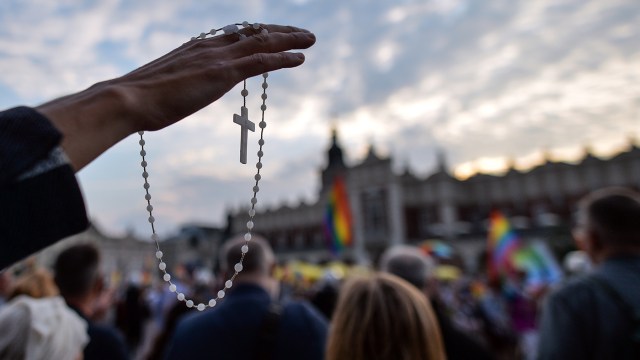 Members of a Polish anti-LGBT group praying at a counter protest during the August 2020 Krakow Equality March. (Artur Widak/NurPhoto via Getty Images)