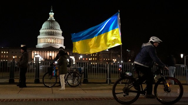 The Ukrainian flag flies near the U.S. Capitol on Dec. 21, 2022, the night Ukrainian President Volodymyr Zelenskyy addressed a joint meeting of Congress. (Drew Angerer/Getty Images)