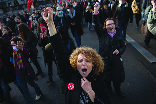 Entertainment industry workers demonstrate in Nantes, France, on Feb. 4 as part of a nationwide day of protests for the preservation and development of employment and public services. (Loic Venance/AFP via Getty Images)