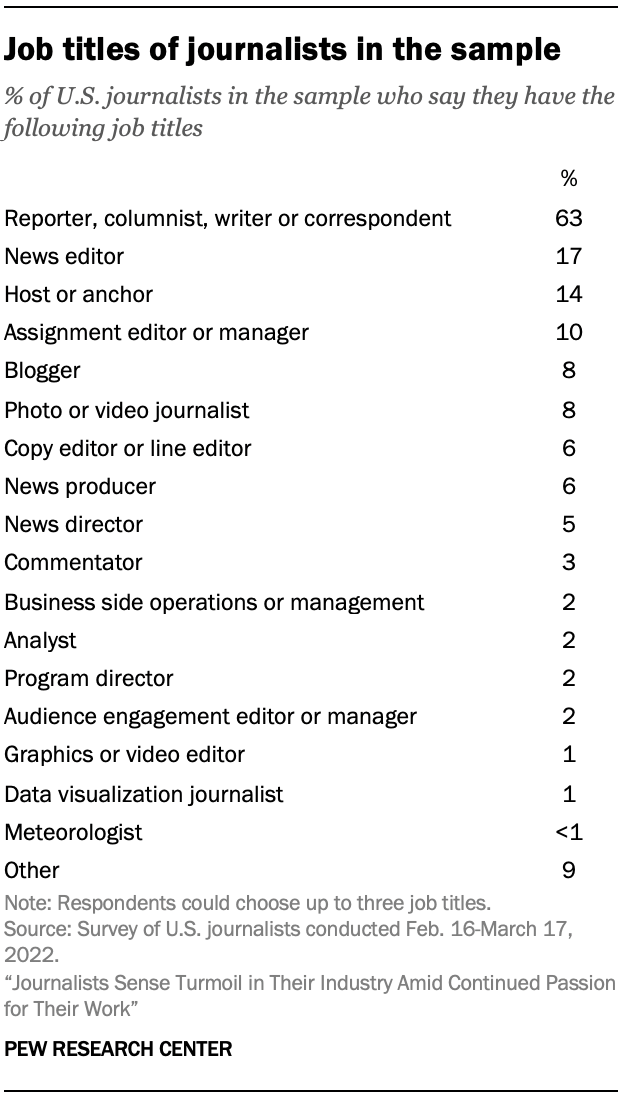 Table showing job titles of journalists in the sample