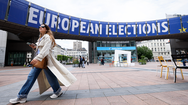 The European Parliament building in Brussels is covered in a promotional banner for elections scheduled for June 6-9, 2024. (Kenzo Tribouillard/AFP via Getty Images)