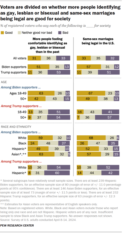 Chart shows Voters are divided on whether more people identifying as gay, lesbian or bisexual and same-sex marriages being legal are good for society