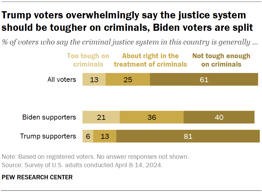 Trump voters overwhelmingly say the justice system should be tougher on criminals, Biden voters are split