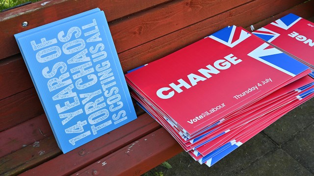 Labour Party placards reminding UK voters about the upcoming July 4 elections. (John Keeble/Getty Images)