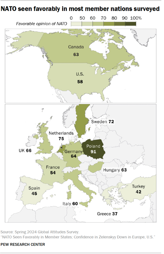 A map showing that NATO is seen favorably in most member nations surveyed.