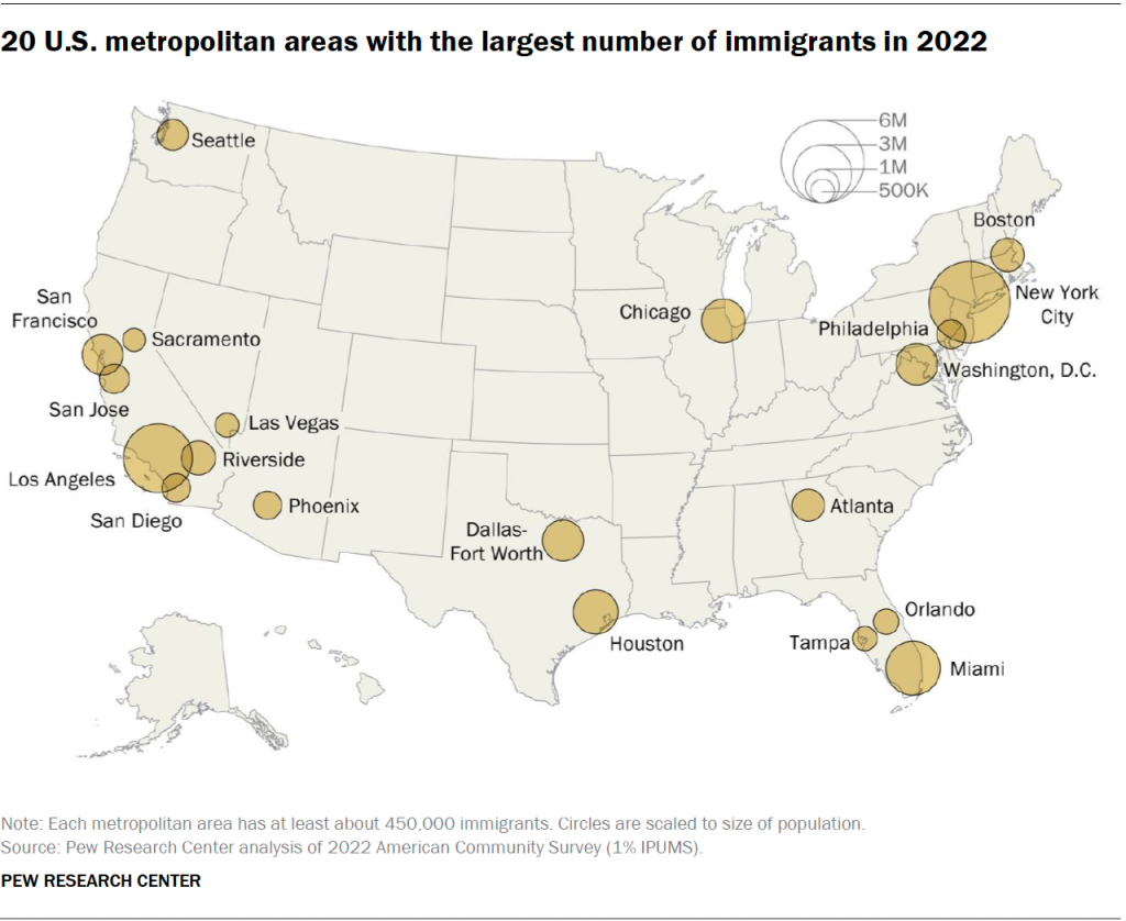 20 U.S. metropolitan areas with the largest number of immigrants in 2022