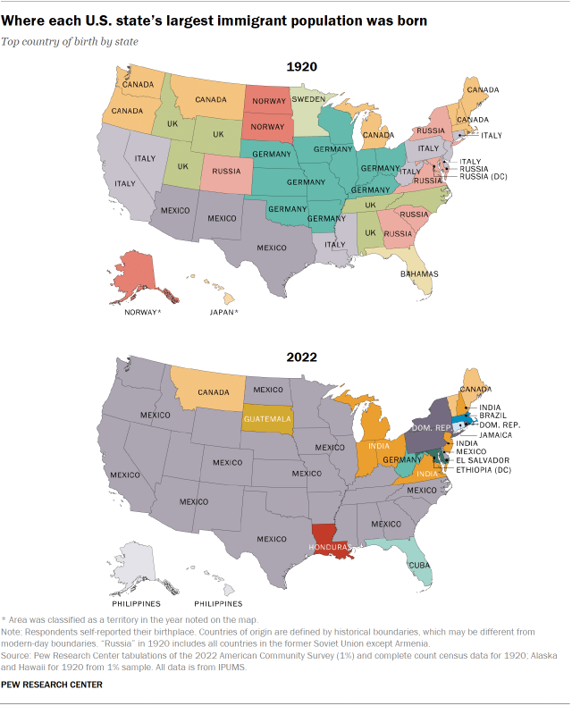 Maps showing where each U.S. state’s largest immigrant population was born in 1920 and 2022.