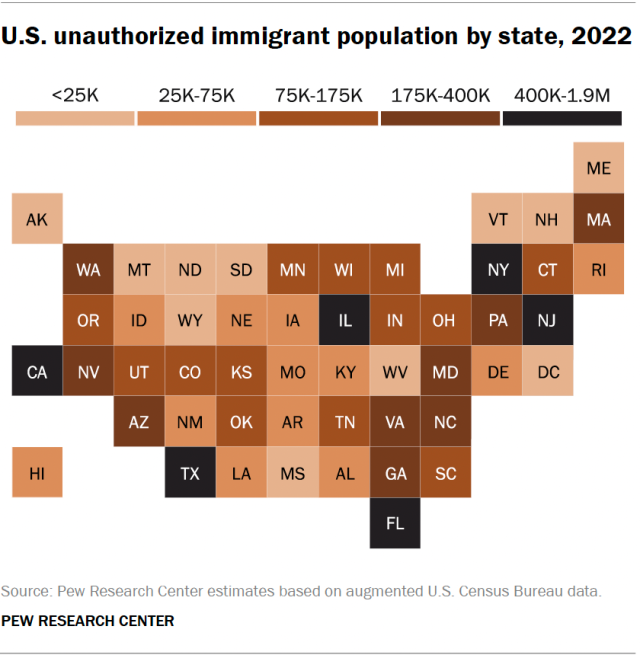 A heat map showing the U.S. unauthorized immigrant population by state, 2022.