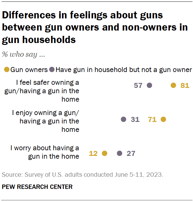 A dot plot showing that differences in feelings about guns between gun owners and non-owners in gun households.