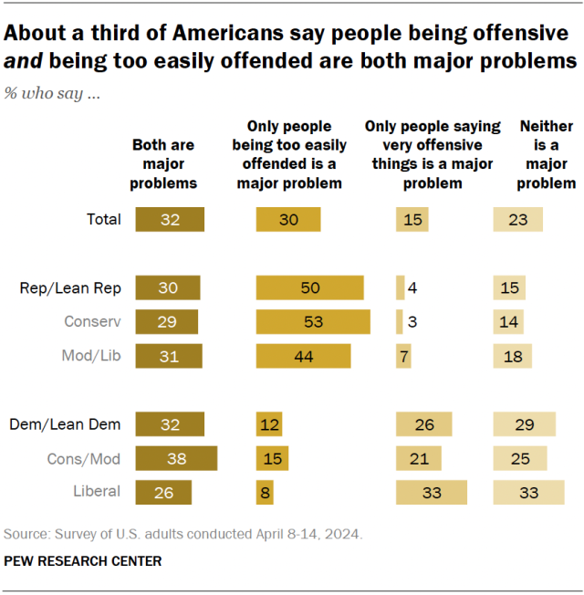 A bar chart showing that about a third of Americans say people being offensive and being too easily offended are both major problems.