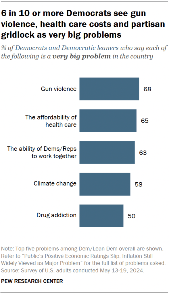 6 in 10 or more Democrats see gun violence, health care costs and partisan gridlock as very big problems