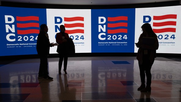 The Democratic National Convention logo is displayed at Chicago's United Center on Jan. 18, 2024. The convention is scheduled to be held there Aug. 19-22, 2024. (Scott Olson/Getty Images)