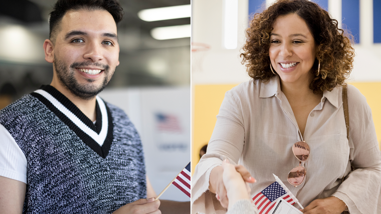 A composite image of two Latino adults in a voting precinct