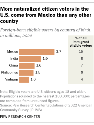 Gráfico de barras que muestra que, a partir de 2022, más votantes ciudadanos naturalizados en los EE. UU. provienen de México que de cualquier otro país