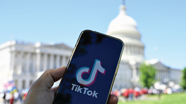 A photo illustration TikTok logo displayed on a cellphone in front of U.S. Capitol in Washington, D.C. (Celal Gunes/Anadolu via Getty Images)