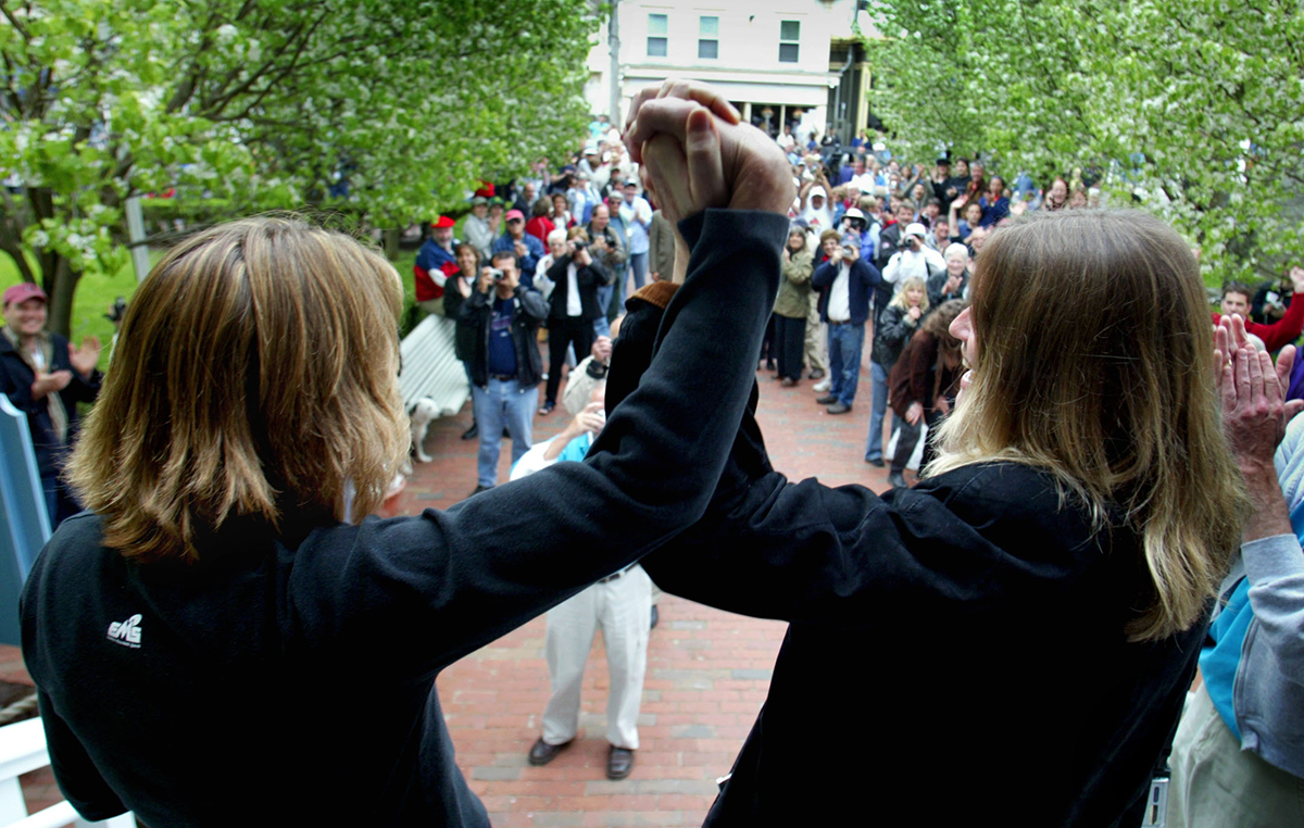 Eileen Counihan and her partner, Erin Golden, celebrate after getting their marriage license in Provincetown, Massachusetts, in May 2004. (Wendy Maeda/The Boston Globe via Getty Images)