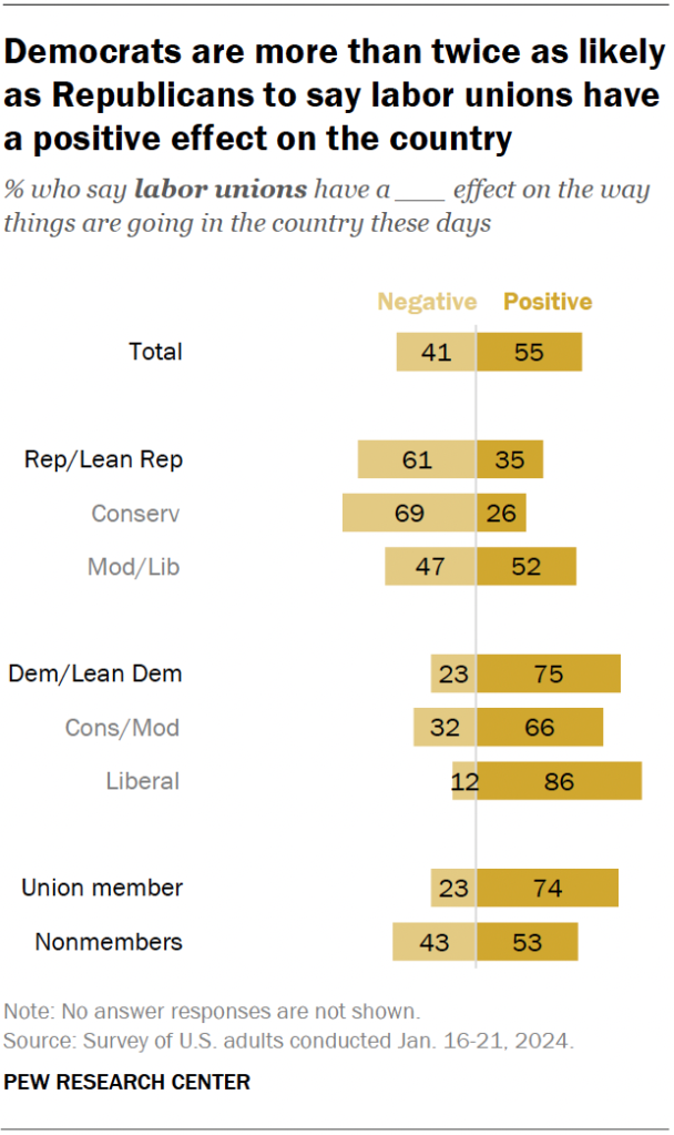 Democrats are more than twice as likely as Republicans to say labor unions have a positive effect on the country