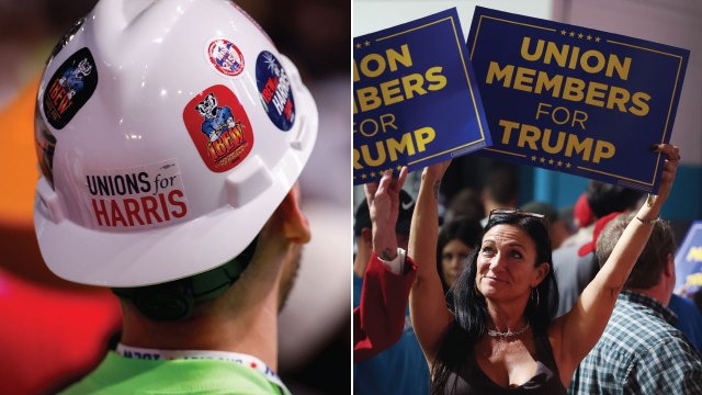 (Left) A union worker attends the Democratic National Convention in Chicago on Aug. 22, 2024. (Right) Guests hold signs during a campaign rally for former President Donald Trump held at an automotive parts manufacturer in Clinton Township, Michigan, on Sept. 27, 2023. (Kevin Dietsch and Scott Olson/Getty Images)