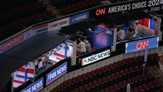 TV network booths are set up in Chicago's United Center on Aug. 17, 2024, ahead of the Democratic National Convention. (Andrew Harnik/Getty Images)