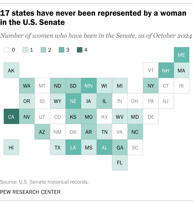 Map showing 17 states have never been represented by a woman in the US Senate.