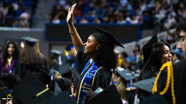 Students look for family and friends during UCLA's commencement ceremony on June 16, 2023. (Sarah Reingewirtz/MediaNews Group/Los Angeles Daily News via Getty Images)