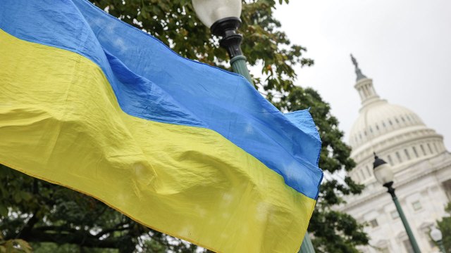 A Ukrainian flag flies near the U.S. Capitol in Washington, D.C., on Sept. 25, 2024. (Bryan Dozier/Anadolu via Getty Images)