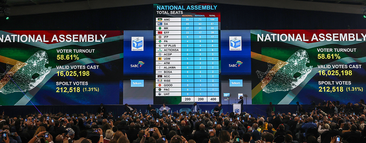 South Africa's general election results come in at the Gallagher Convention Center in Midrand on June 2, 2024. The African National Congress failed to win a majority of National Assembly seats for the first time since the end of apartheid. (Phill Magakoe/AFP via Getty Images)