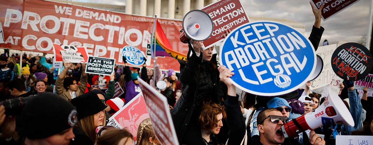 Abortion-rights supporters stage a counterprotest during the 50th annual March for Life rally on Washington, D.C.'s National Mall on Jan. 20, 2023, several months after a U.S. Supreme Court ruling ended the federal right to abortion. (Chip Somodevilla/Getty Images)