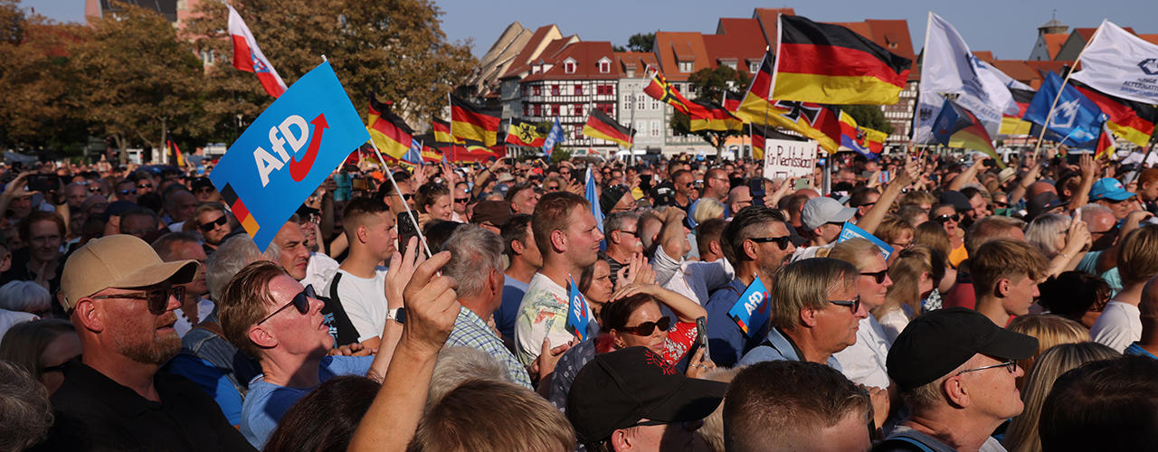 Supporters of the Alternative for Germany (AfD) political party gather at a campaign rally in Erfurt, Germany, on Aug. 31, 2024. AfD went on to win in Thuringia, becoming Germany's first far-right party to win a state election since World War II. (Sean Gallup/Getty Images)