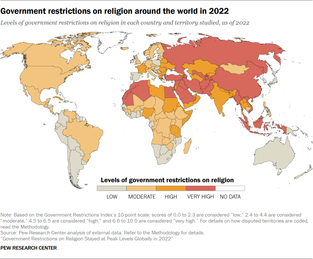 Map showing government restrictions on religion around the world in 2022