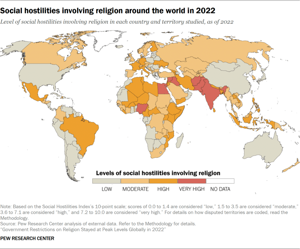 Map showing social hostilities involving religion around the world in 2022