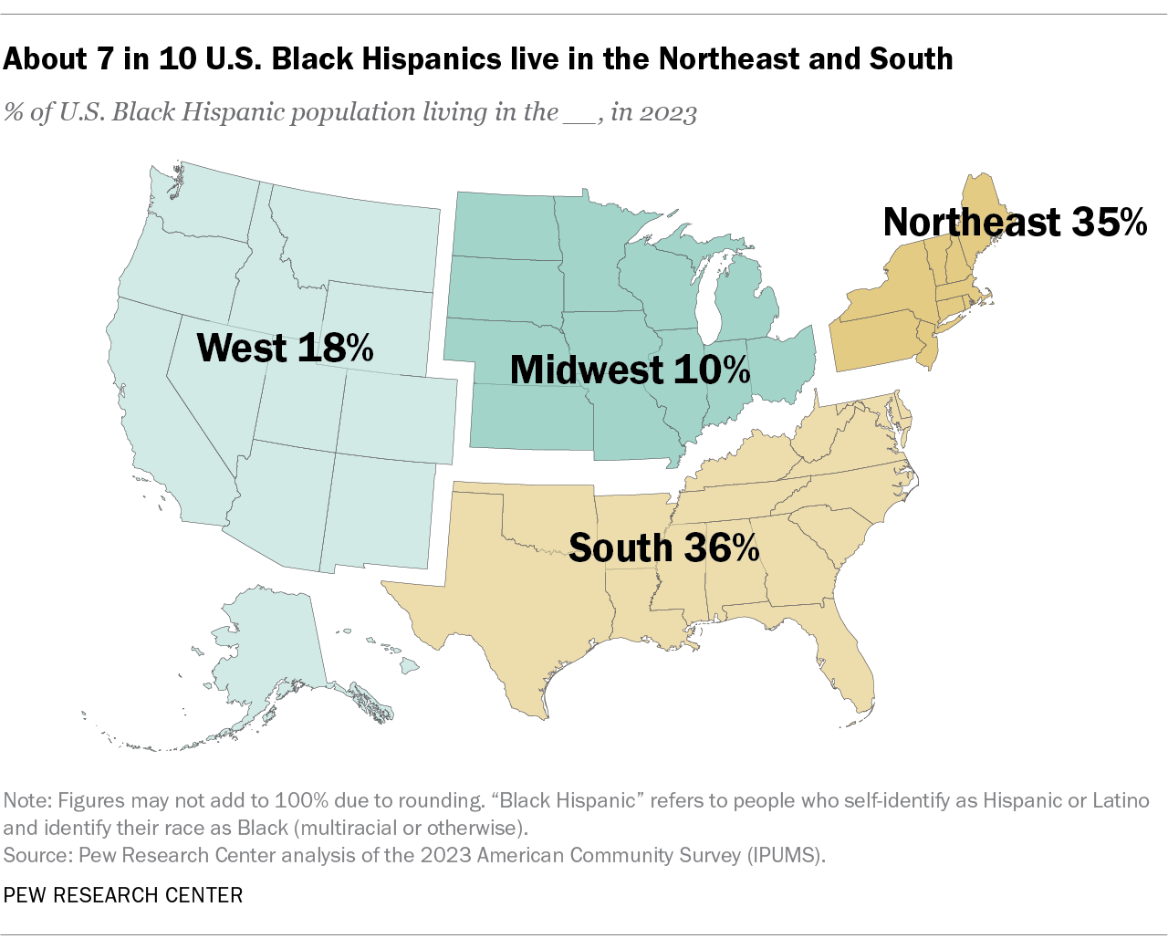 A map showing that About 7 in 10 U.S. Black Hispanics live in the Northeast and South