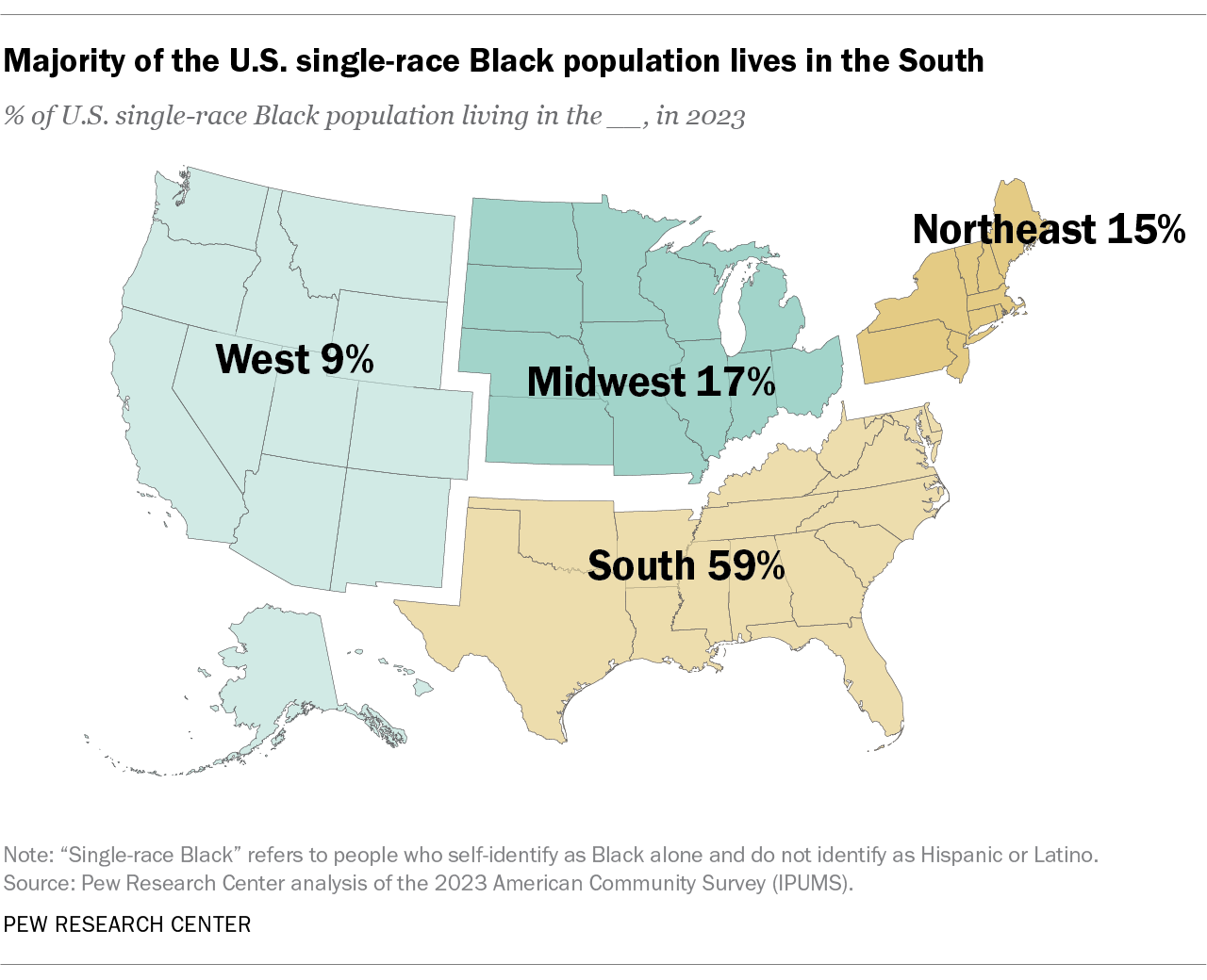 A map showing that Majority of the U.S. single-race Black population lives in the South