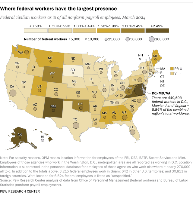 A map showing where federal workers have the largest presence.