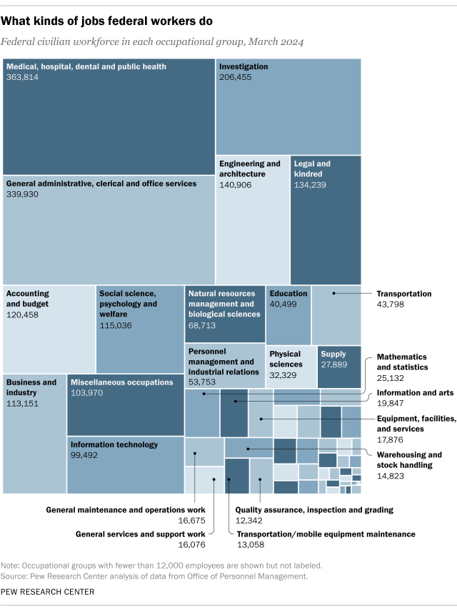 A chart showing what kinds of jobs federal workers do.