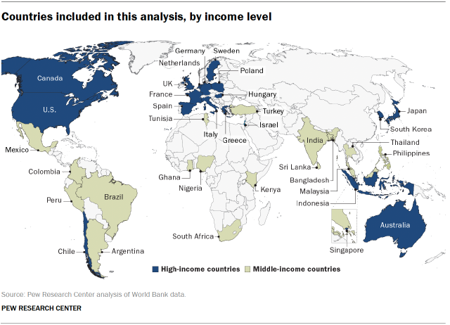 A world map showing that countries included in this analysis, by income level.