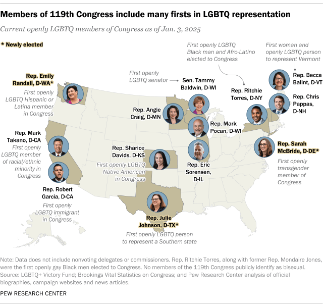 A map showing that members of 119th Congress include many firsts in LGBTQ representation.