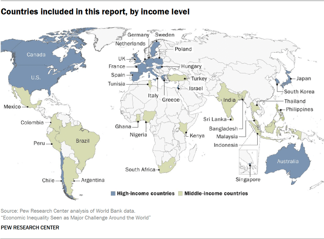 A map showing Countries included in this report, by income level 