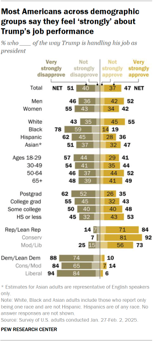 Chart shows Most Americans across demographic groups say they feel ‘strongly’ about Trump’s job performance