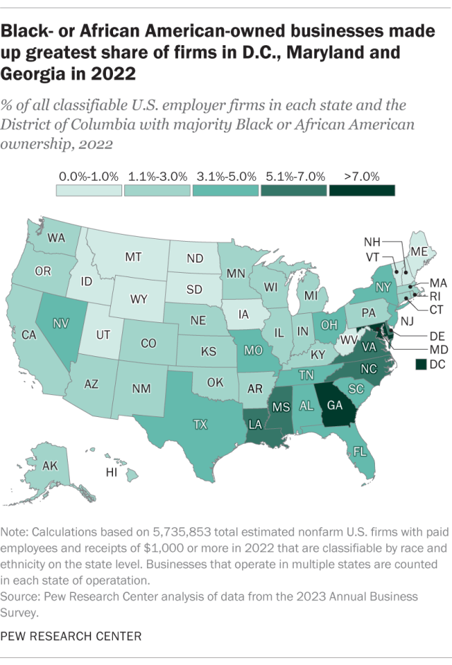 A map showing that Black- or African American-owned businesses made up greatest share of firms in D.C., Maryland and Georgia in 2022.