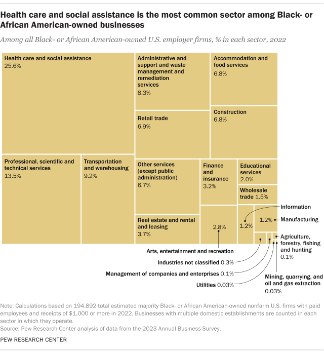 A chart showing that health care and social assistance is the most common sector among Black- or
African American-owned businesses.