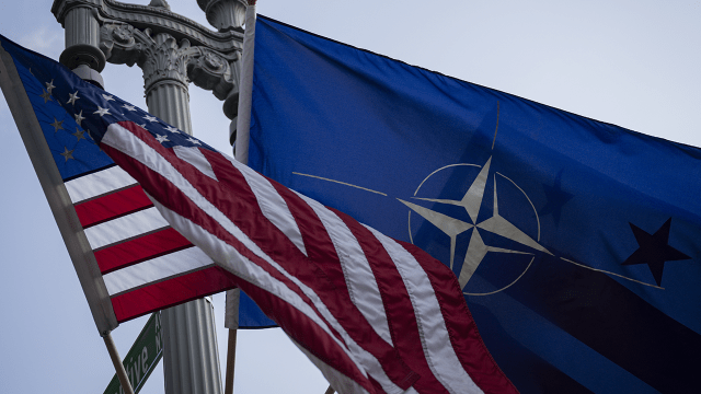 U.S. and NATO flags wave in Washington, D.C., on July 8, 2024, ahead of that year's NATO summit. (Celal Gunes/Anadolu via Getty Images)