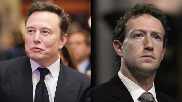 Elon Musk (left) listens as President-elect Donald Trump addresses the House Republican Conference in November 2024 in Washington, D.C.; Mark Zuckerberg appears before the Senate Judiciary Committee in January 2024. (Andrew Harnik/Getty Images and Andrew Caballero-Reynolds/AFP via Getty Images)