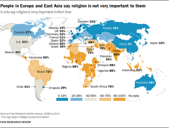 religious map of the world 2018 Religious Commitment By Country And Age Pew Research Center religious map of the world 2018